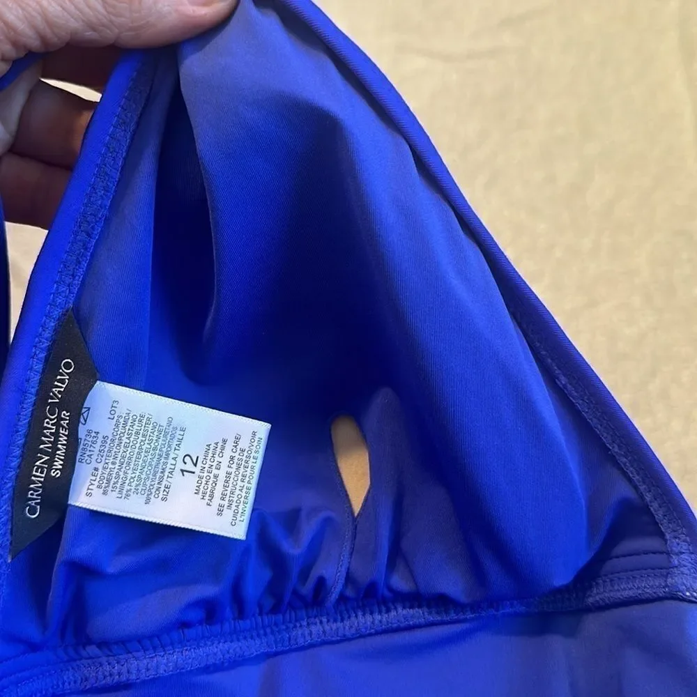 CARMEN MARC VALVO Bright Blue One Piece Swimsuit Deep V Ruched Slimming 12